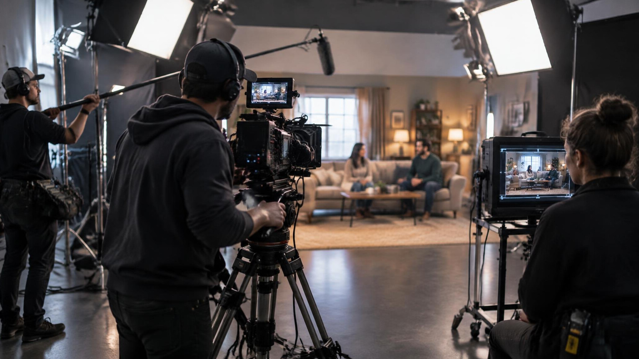 film crew working on set