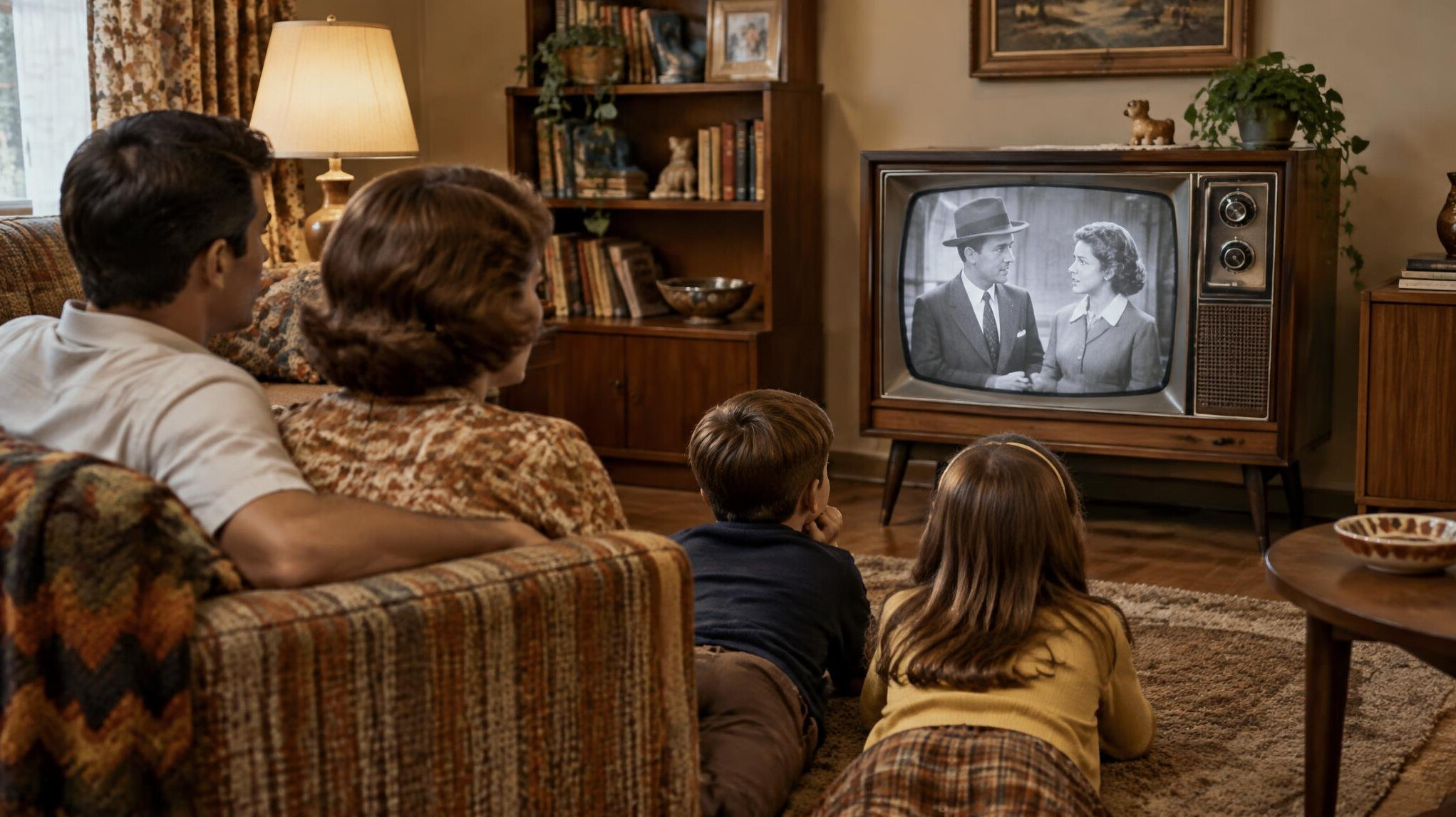 family gathered around television