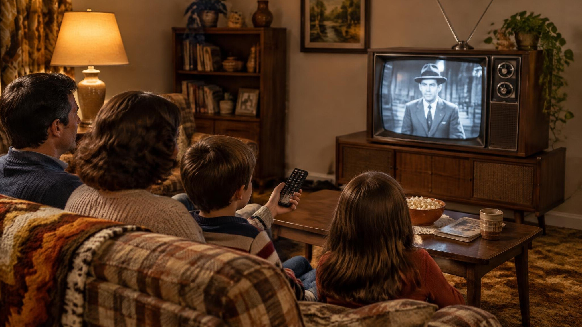 group watching old tv