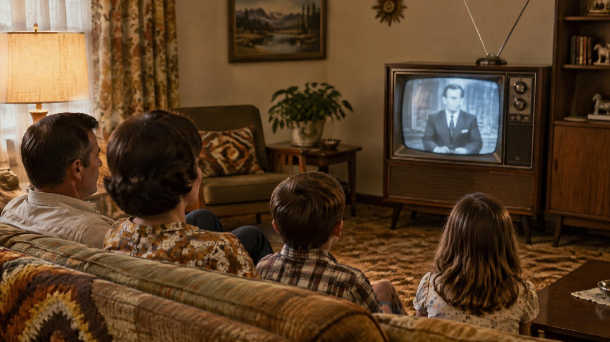 family watching old tv